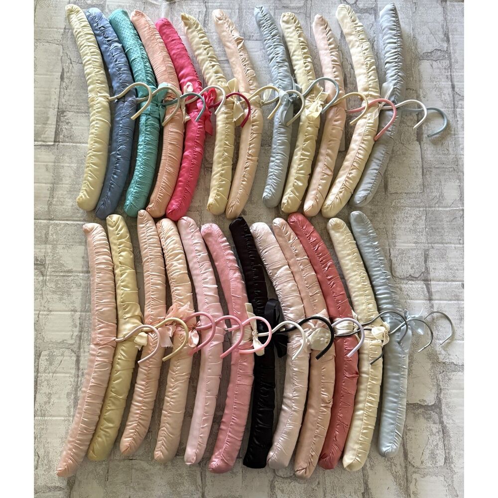 VTG Lot 24 Silk Satin Padded Hangers Multi Color Ribbon Accent Lingerie Boudoir